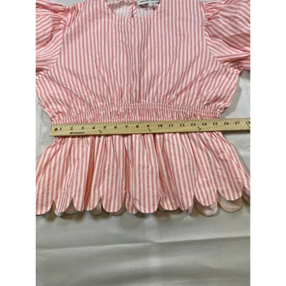 ENGLISH FACTORY Pink White Stripe Puff Sleeve Peplum Scallop Hem Top L‎ - Picture 13 of 13